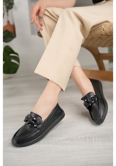 Nesil Shoes Ceylan 57 Siyah Zincir Tokalı Kadın Ayakkabı-siyah Siyah