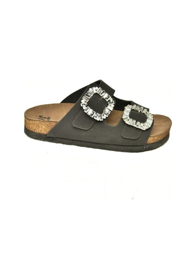 Fox Shoes K777604802 Siyah Süet Çift Tokalı Taşlı Kadın Terlik Siyah-süet Siyah