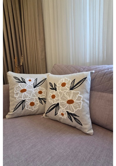 Punch İşlemeli Modern Tasarım Dekoratif 2'li Kırlent Kılıfı Nakışlı Keten 43x43 Cm Papatya