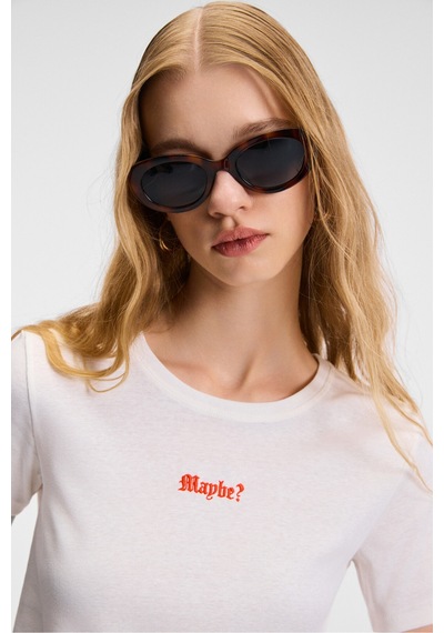 ETHIQUET ZERAYA Kadın Bisiklet Yaka Kısa Kollu Önde Nakış Detaylı Crop Beyaz T-Shirt