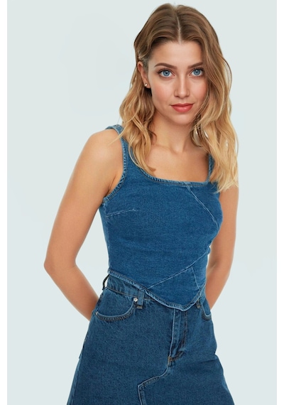 Ersefa Pamuklu Denim Bluz Crop Kesim Kare Yaka Yazlık Kaliteli İşçilik Z Mavi