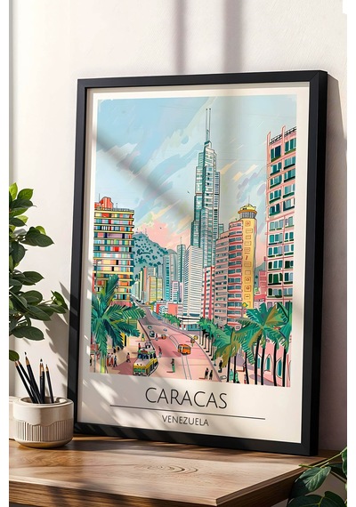 Venezuela Caracas Temalı Çerçeveli Tablo Travel Serisi Modern İllüstrasyon Şehir Duvar Dekoru Siyah