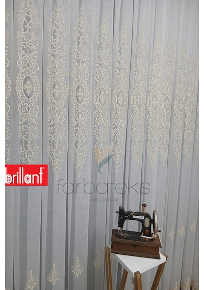 Şehrazat Altın Gold Motif İşlemeli 3 Kat Pileli Ütü İstemez Salon Tül Perde