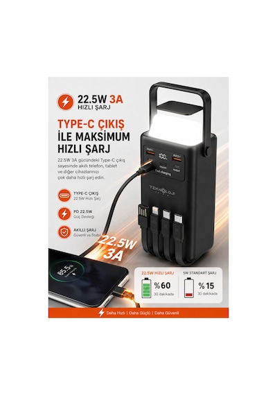 50.000 Mah Powerbank 22.5w Hızlı Şarj Lcd Ekran 4 Çıkış 4 Kablo Kamp Işıklı Taşınabilir Batarya Siyah