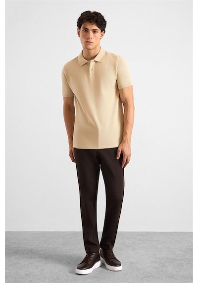 Süvari Bej Slim Düz Baskısız Pike Düğmeli Polo Yaka Tişört Ts1014000459-bj3