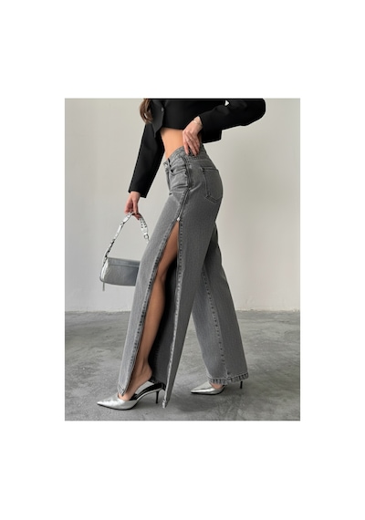 Blue Marlın Yan Fermuarlı Uzun Boyfriend Bol Paça Jeans Kar Siyah