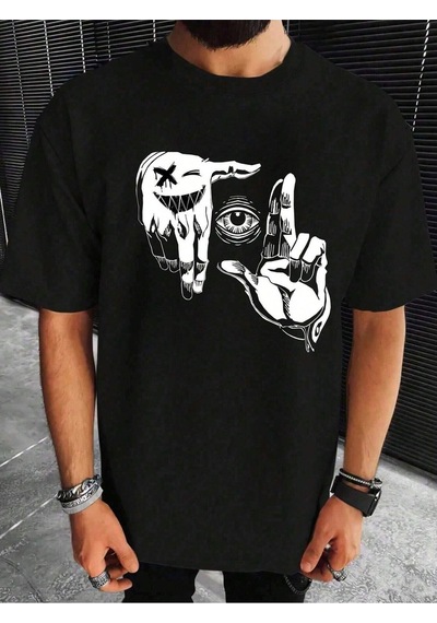 El Göz T-shirt - Siyah Baskılı Oversize Bisiklet Yaka Kısa Kol Tişört Siyah