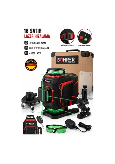 Böhrer Ba0115375 16 Çizgi 4d Yeşil Lazer Terazi 360 Otomatik Hizalama, 40 Metre Menzil, Dokunmatik Panel
