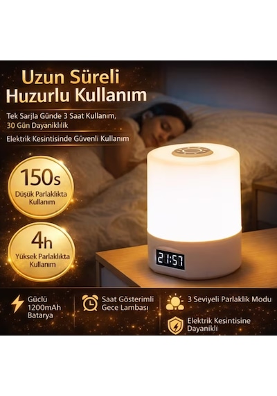 Baymusk Teknoloji Ayarlı Şarjlı Saatli Masa Lambası Gece Lambası Beyaz