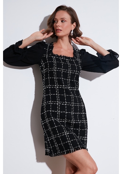 Lela Regular Fit Kare Yaka Balon Şifon Kollu Mini Bayan Elbise 611El0532 Siyah