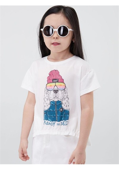Escabel Kız Çocuk Pamuklu Köpek Baskılı Tshirt-12882 Krem