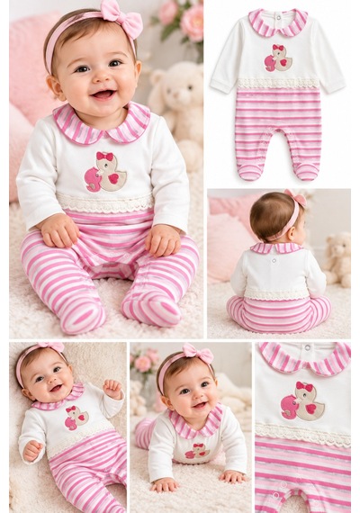 Messlife Pembe Çizgili Ördek Nakışlı Kız Bebek Tulum Beyaz - 929892028 Beyaz