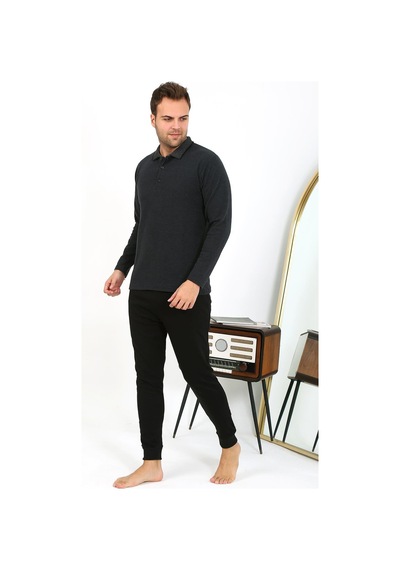 Akbeniz Erkek Polo Yaka Uzun Kol Penye Pijama Takımı Antrasit 6865 Antrasit