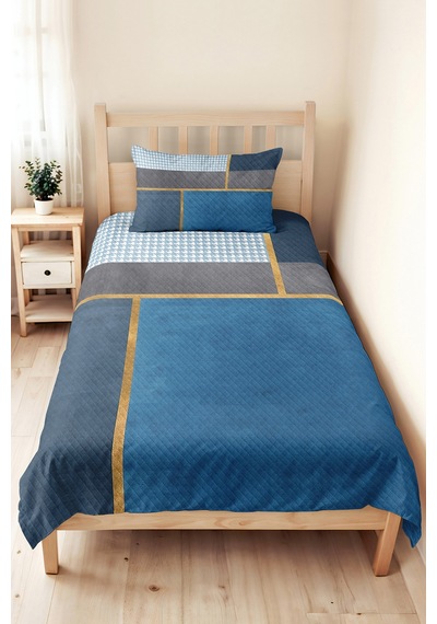 Mavi Geometrik Modern Genç Odası Tek Kişilik Pike Takımı - Gri Gold 160x220 Cm Kapitone Yatak Örtüsü Gümüş