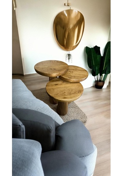 Simillo Wood Wooden Ahşap 3 Lü Set Fitilli Mantar Yan Sehpa Modern Koyu Ceviz Renkli Fiskos Koyu Ceviz