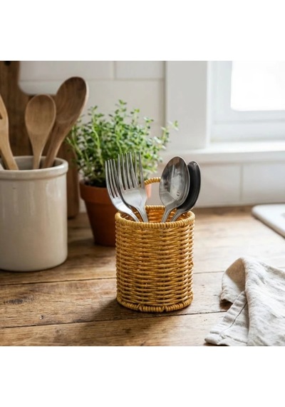 Yuvarlak Hasır Dokulu Plastik Rattan Kaşıklık & Çatallık Askılı Kendiliğinden Tutmalı Çok Amaçlı Mutfak Belirtilmemiş