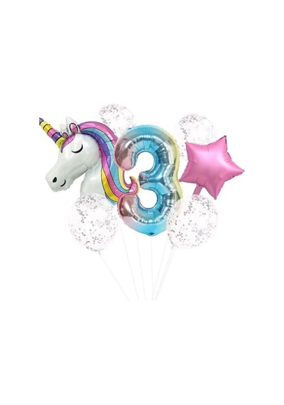 Unicorn Folyo Balon Doğum Günü Seti 3 Yaş Beyaz
