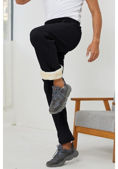 Ghassy Co. Erkek Ultra Termal Kışlık Sherpa Astarlı Aktif Koşu Normal Paça Jogger Eşofman Altı Siyah