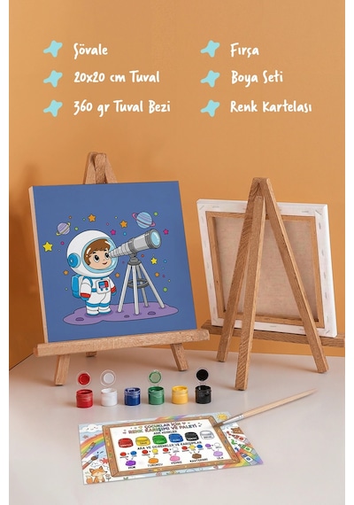Astronot Ve Uzay Temalı Çocuk Boyama Tuvali Şövaleli Eğitici Boyama Seti 20x20 Cm