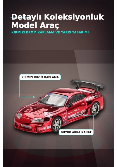 Diecast 1/64 Toyota Supra A80 Top Secret Gt-300 Kırmızı Krom Model Araba Bx-313385