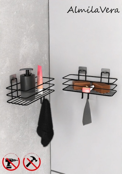Siyah Güçlü Yapışkanlı Kancalı Banyo Rafı 2 Adet. Siyah