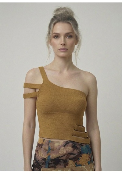 Neden Tekstil Asimetrik Tek Omuz Triko Crop Bluz - Camel