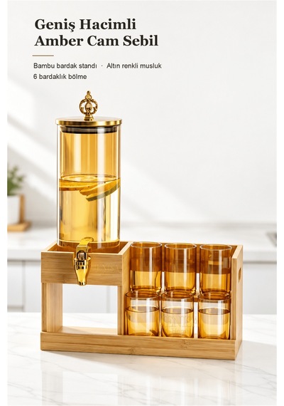 Amber Cam Sebil Seti 6 Bardaklı, Bambu Standlı Musluklu İçecek Dispenseri 1850 Ml