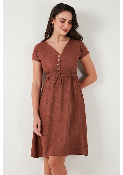 Lela Önü Düğmeli V Yaka Regular Fit Kısa Kollu Midi Bayan Elbise 5865747 Kahve
