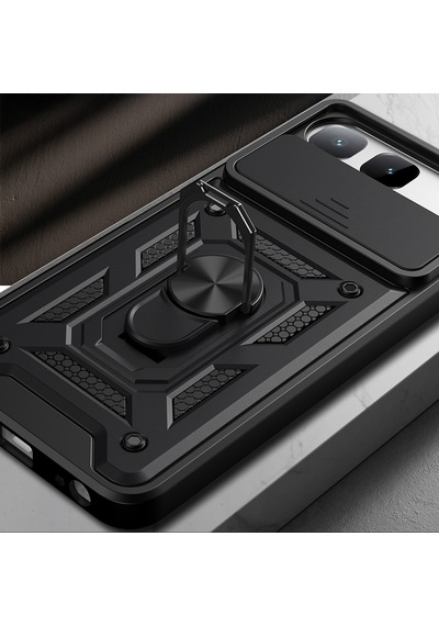 Tecno Spark 40 5g Kılıf Magnetik Standlı Kamera Korumalı Zore Sürgülü Vega Kapak - Siyah