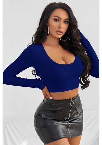 Kadın Mavi Uzun Kol Kare Yaka Crop Top Bluz
