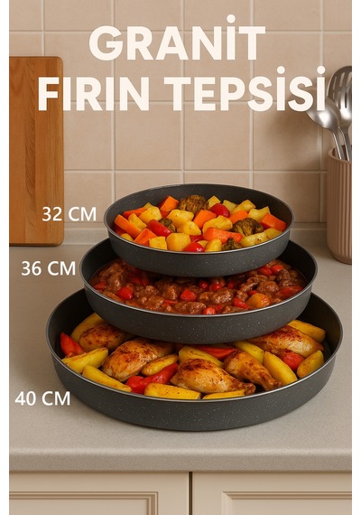 Granit Yanmaz Yapışmaz Tepsi Seti 32-36-40 Cm Fırın Tepsi 3'lü Set