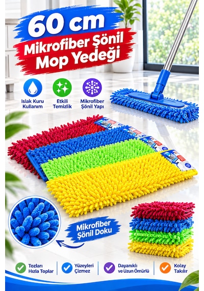 60 Cm Mikrofiber Şönil Mop Yedeği Islak Kuru Kullanıma Uygun Püsküllü Makarna Mop Başlığı