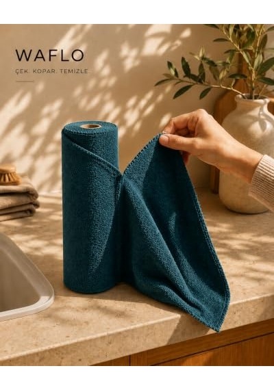 Mikrofiber Temizlik Bezi Rulo 20'li - Petrol Mavisi Yüksek Emicilik, Tekrar Kullanılabilir, İz Bırakmaz Açık Bej