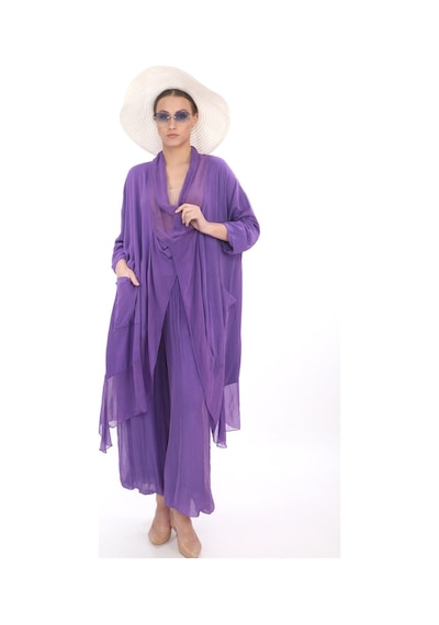 Italyan Ipek Detaylı Oversize Kap Bluz- Wes Pantolon Takım Açık Mor