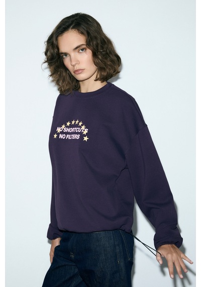 Grımelange Marıela Kadın Yuvarlak Yaka Baskı Detaylı Oversıze Mor Sweatshirt Mor