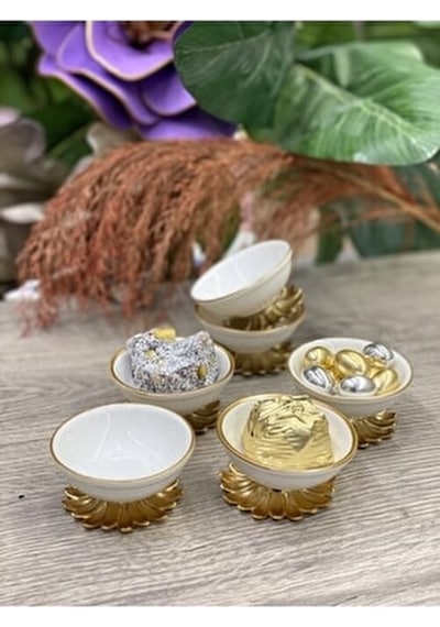 Alfafe Home 4'lü Metal Ayaklı Mini Porselen Lokumluk Beyaz Gold