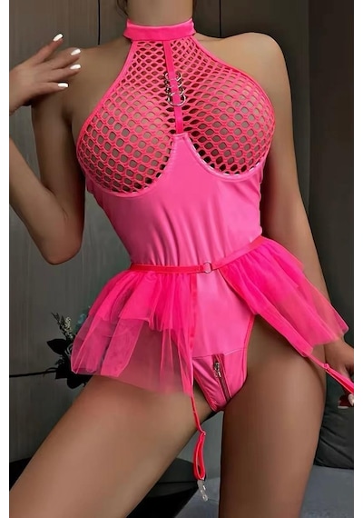 Bikini Mayokini Dünyası Etekli Latex Bodysuit - Neon-pembe