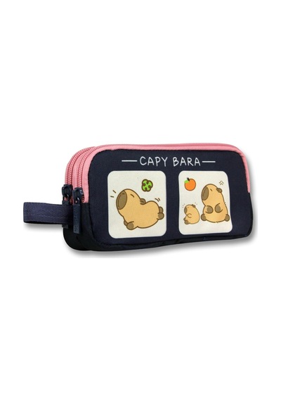 Tr İki Bölmeli Capybara Baskılı Lacivert - Pembe Kız Çocuk Kalem Çantası - 6214 Genel
