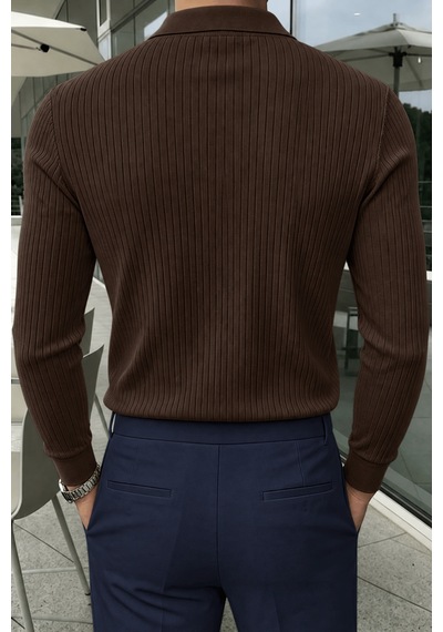 Genius Store Erkek Polo Yaka Kazak Fitilli Anti Pilling Tüylenme Yapmaz Regular Fit Erkek Triko Kazak Pyaka-kzk Kahverengi