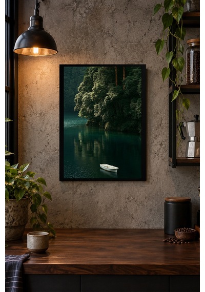 Göl Üzerinde Kayık Desenli Dekoratif Mdf Tablo, Çerçeve Görünümlü Ahşap Poster