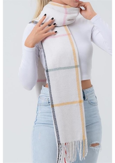 Neşeli Butik Ekru Yumuşak Dokulu Kare Çizgi Desenli Püsküllü Şal Atkı Nbaks036 Ekru