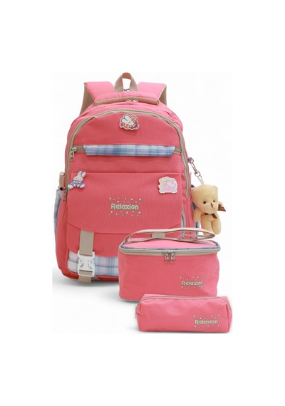 Relaxion 2144-1396 Kore Tarzı Unisex Çocuk Üçlü Set İlkokul Sırt Çantası Pembe