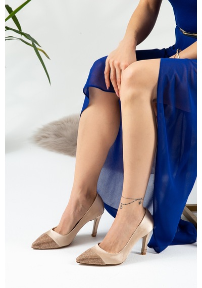 Deery Bej Saten Taşlı Stiletto Kadın Topuklu Ayakkabı - K0030zbejm01 Bej