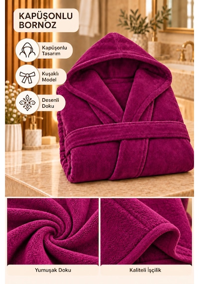 Kapüşonlu Unisex Rashell Bornoz Cepli Yumuşak Dokulu Mor