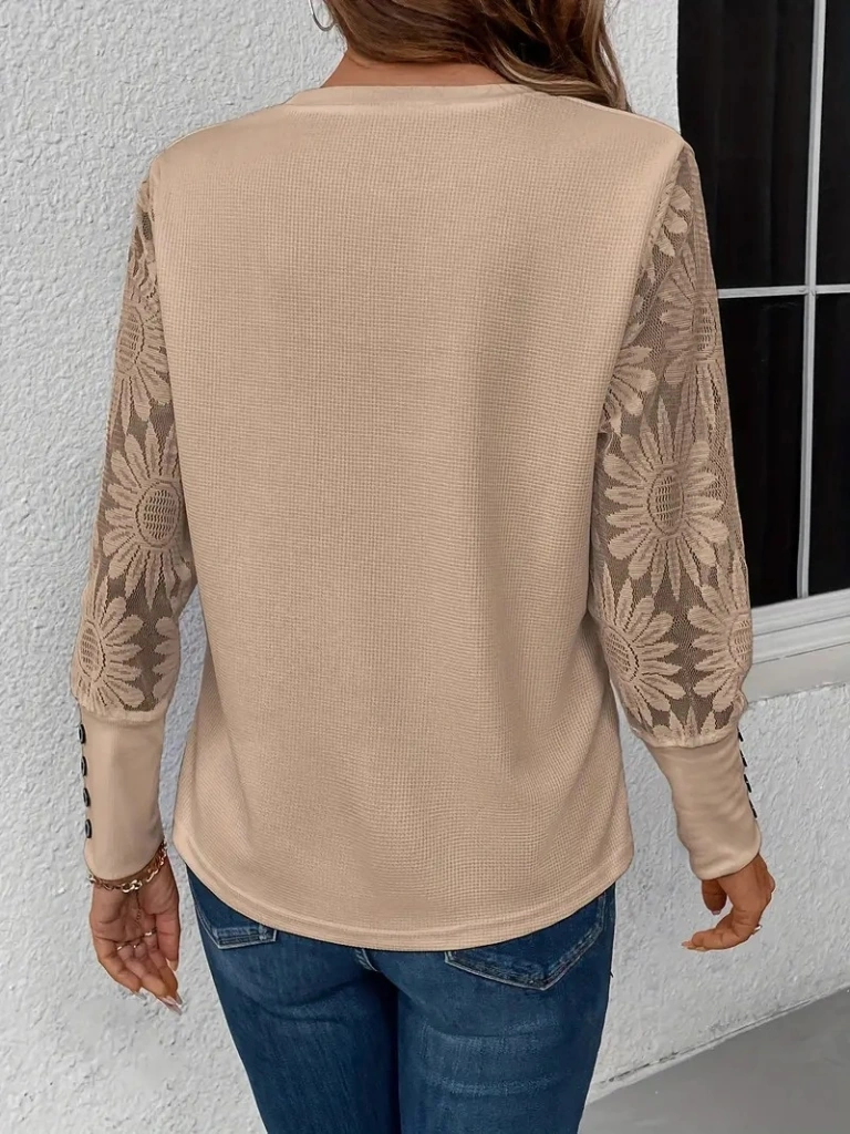 Nova Bazaar Kadın Uzun Kollu Bisiklet Yaka Kolları Çiçekli Waffle Bluz Bej
