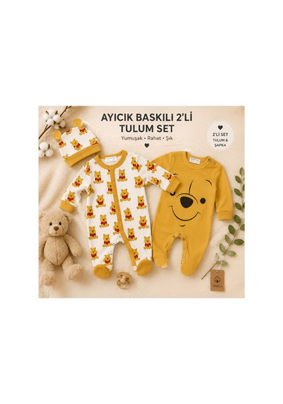By Murat Baby Winnie The Pooh Baskılı 2'li Bebek Tulum Seti Şapkalı sarı