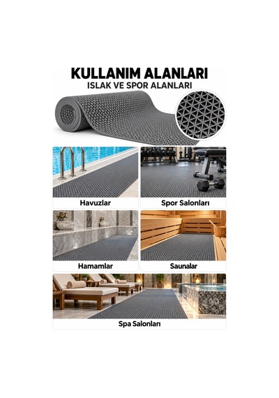 Hortumtech Zmat Yıldız Paspas Kaydırmaz Pvc Islak Zemin Duş Havuz Su Tahliyesi 5 Mm - Gri 120 X 1400 Cm