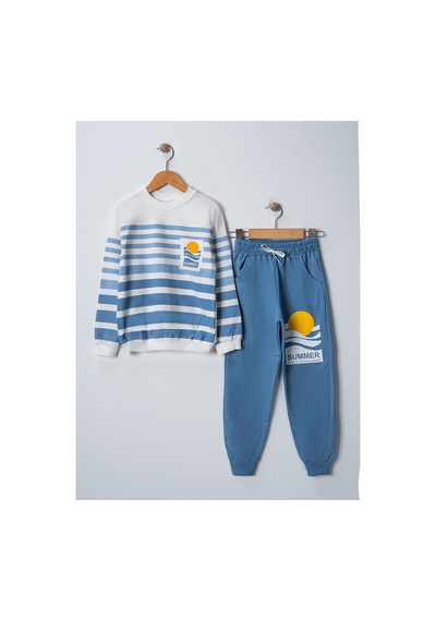 Veramoni Summer Baskılı Uzun Kollu Cepli Unisex Çocuk Alt Üst Takım Mavi