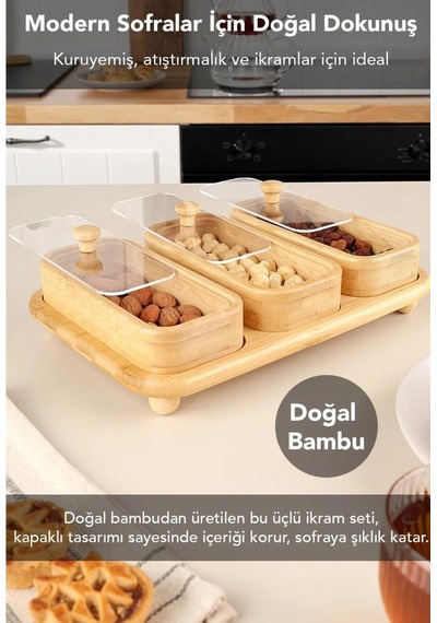 3'lü Standlı Bambu Çerezlik - Kapaklı Kahve Yanı Sunumluk Bambu Kase Kahvaltılık Sunum Kasesi Açık Kahverengi