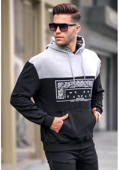 Madmext Siyah Kapüşonlu Desenli Sweatshirt 6022 Siyah